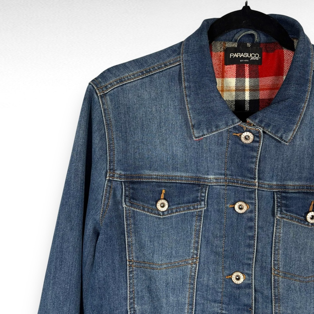 Classic Denim Jacket with Plaid Accents - Picture 7 of 9